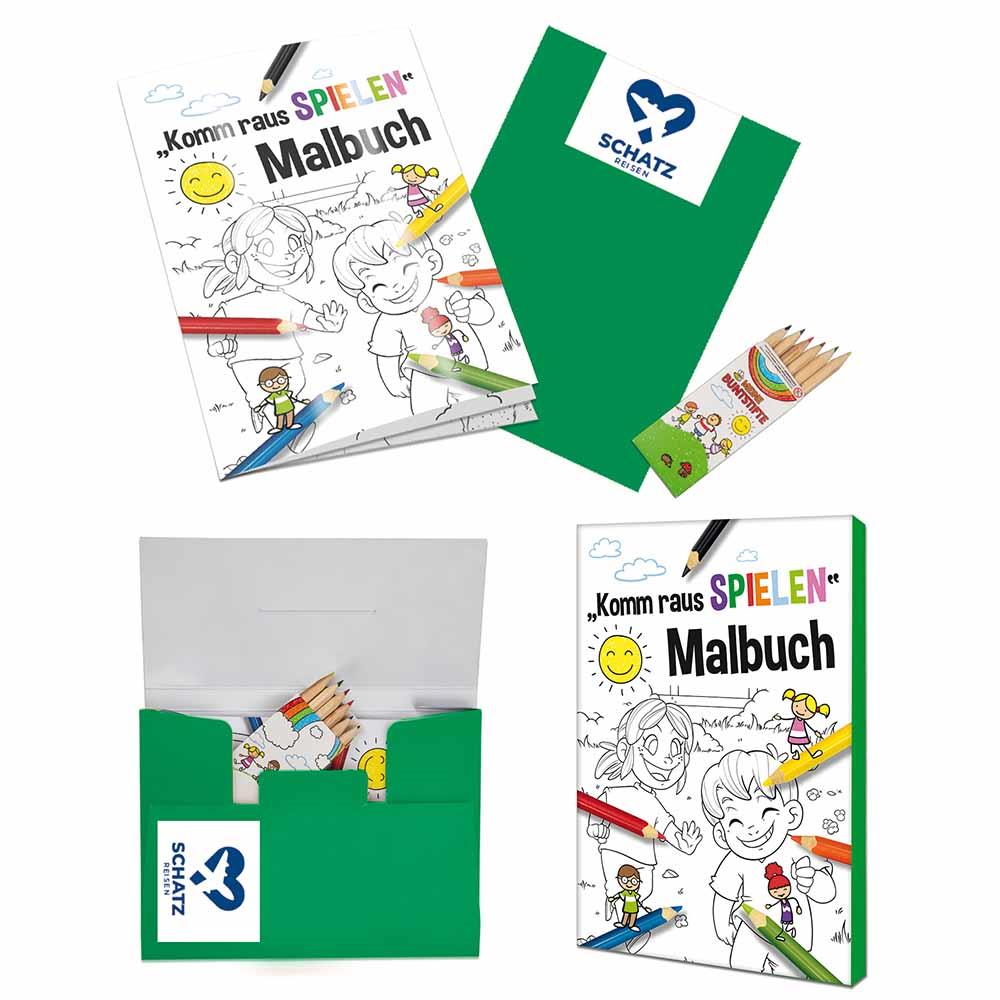 Malbuch / Mal-Set A6 - Komm-raus-spielen - Malset mit 1-c Logoeindruck