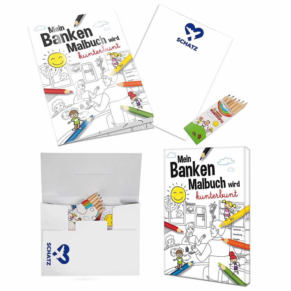 Malbuch / Mal-Set A6 - Banken - Malset mit 1-c Logoeindruck