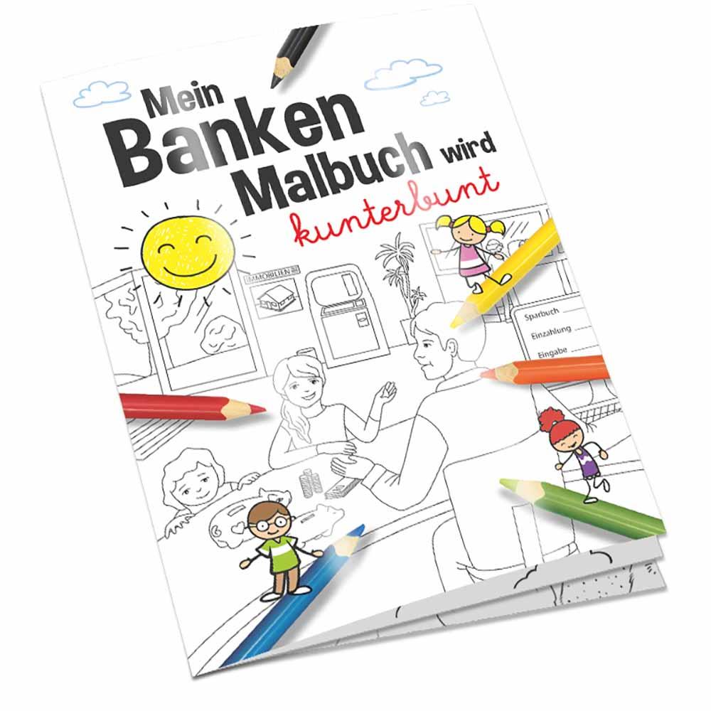 Malbuch / Mal-Set A6 - Banken - Malbuch mit 2-c Logoeindruck