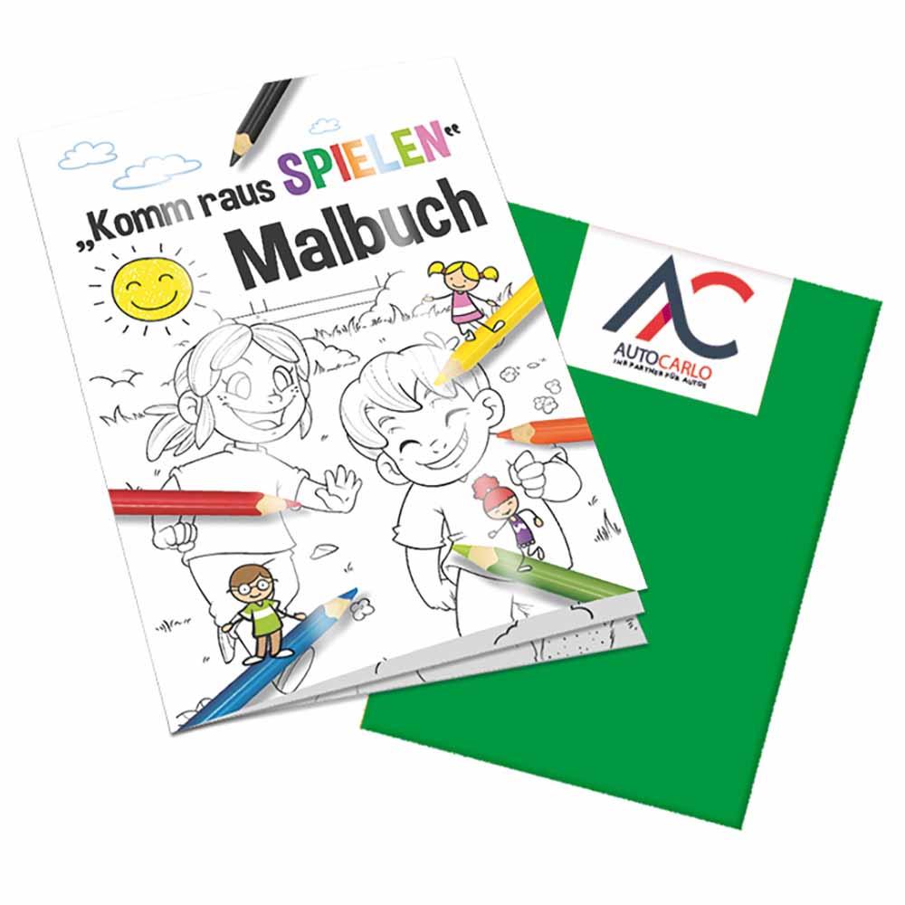 Malbuch / Mal-Set A6 - Komm-raus-spielen - Malbuch mit 2-c Logoeindruck