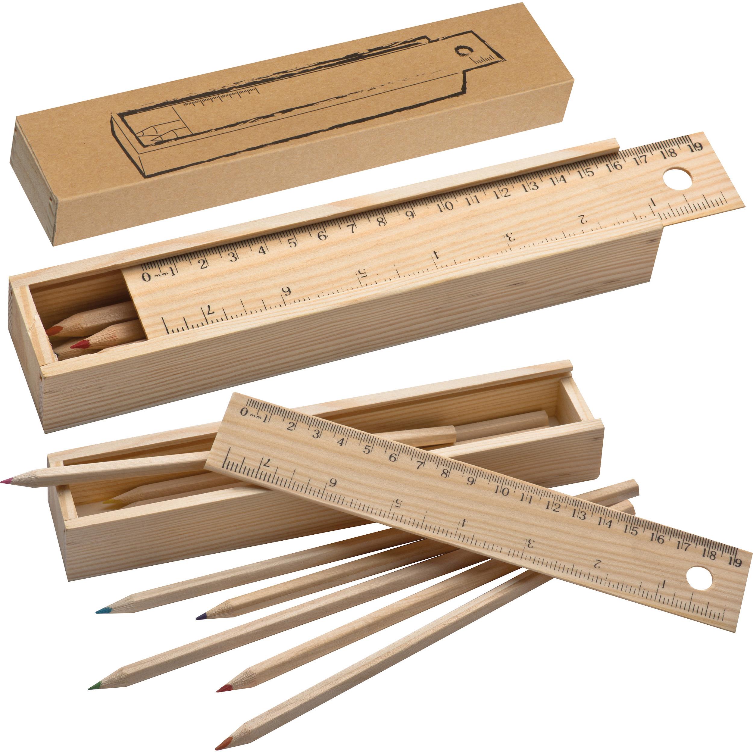 Holzbox mit 8 Buntstiften und Lineal ADELE