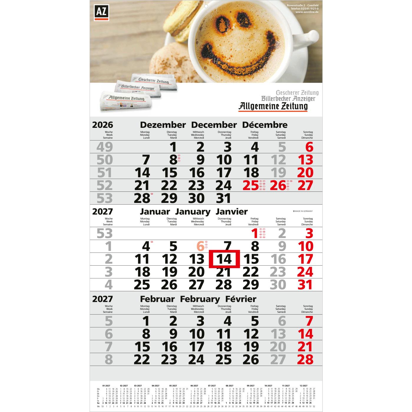 3-Monatskalender Einblatt Primus 3 Post A EXPRESS mit Jahresübersicht