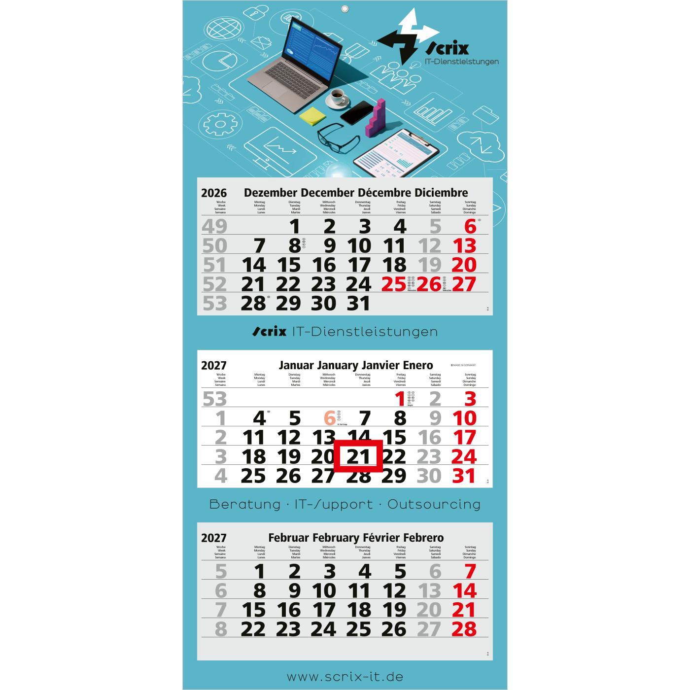 3-Monatskalender Mehrblock Maxi Light 3 EXPRESS Werbung auf Rückwand