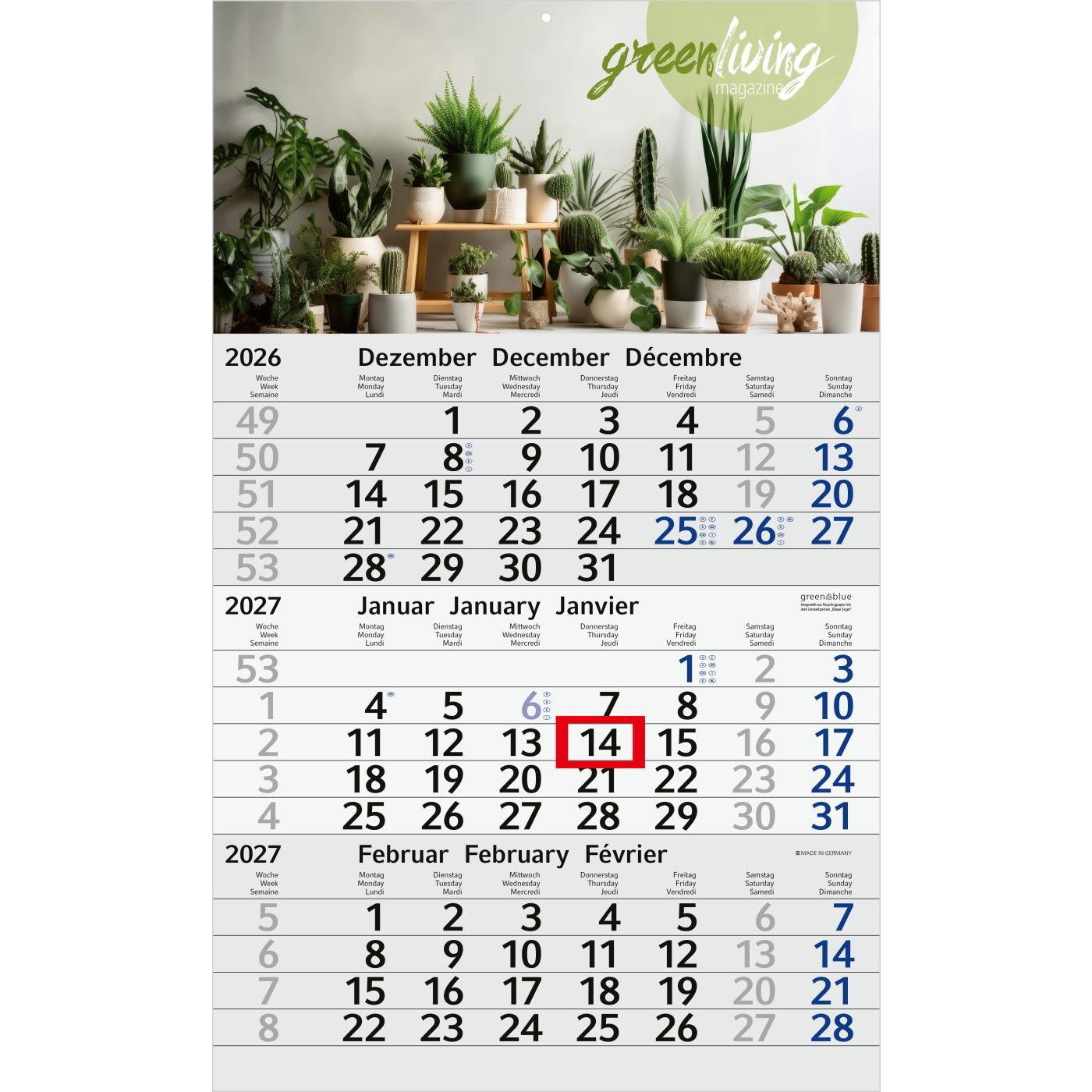 3-Monatskalender Einblatt Budget 3 Recycling-Kalendariumspapier Schrift leicht