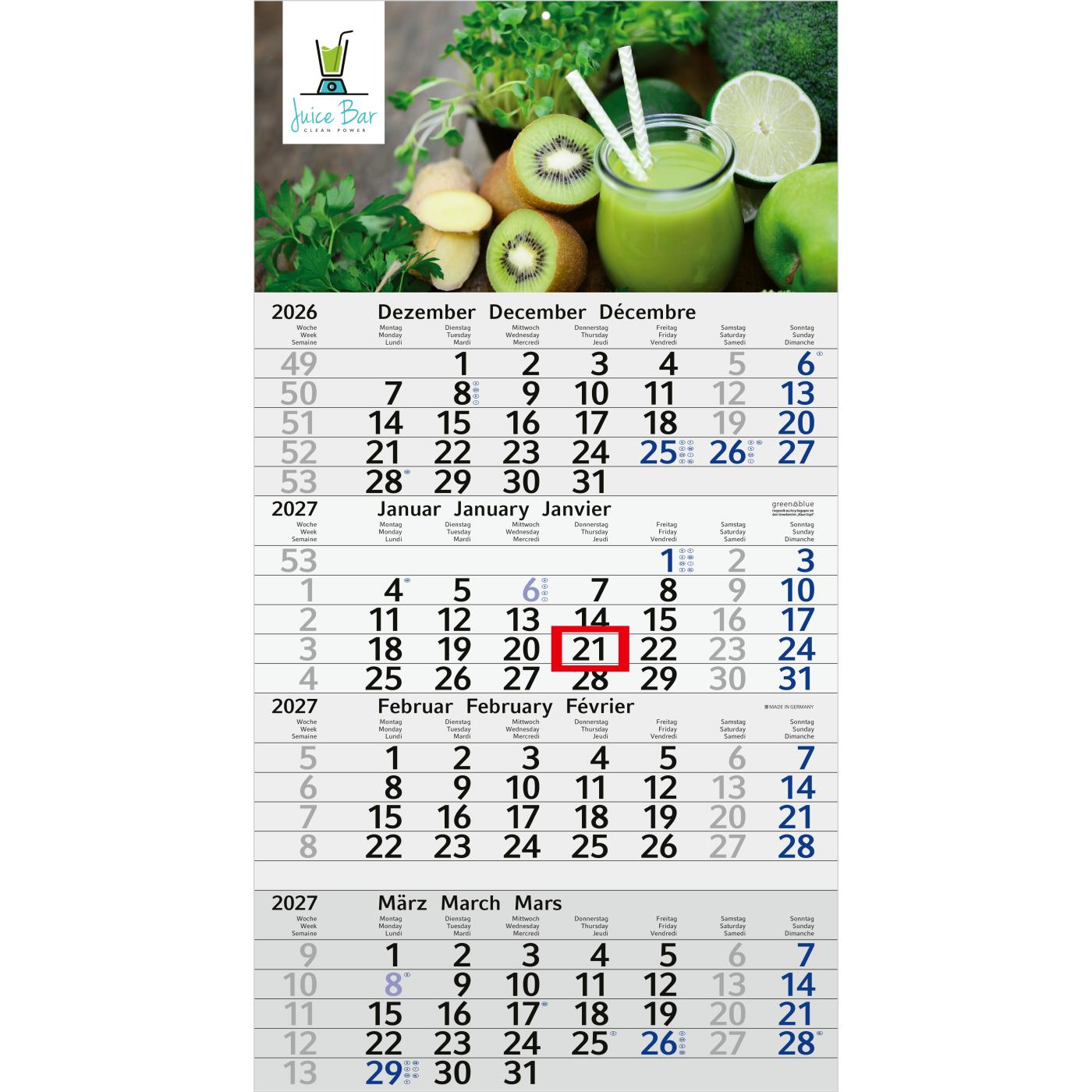 4-Monatskalender Einblatt Budget 4 Recycling-Kalendariumspapier Schrift leicht