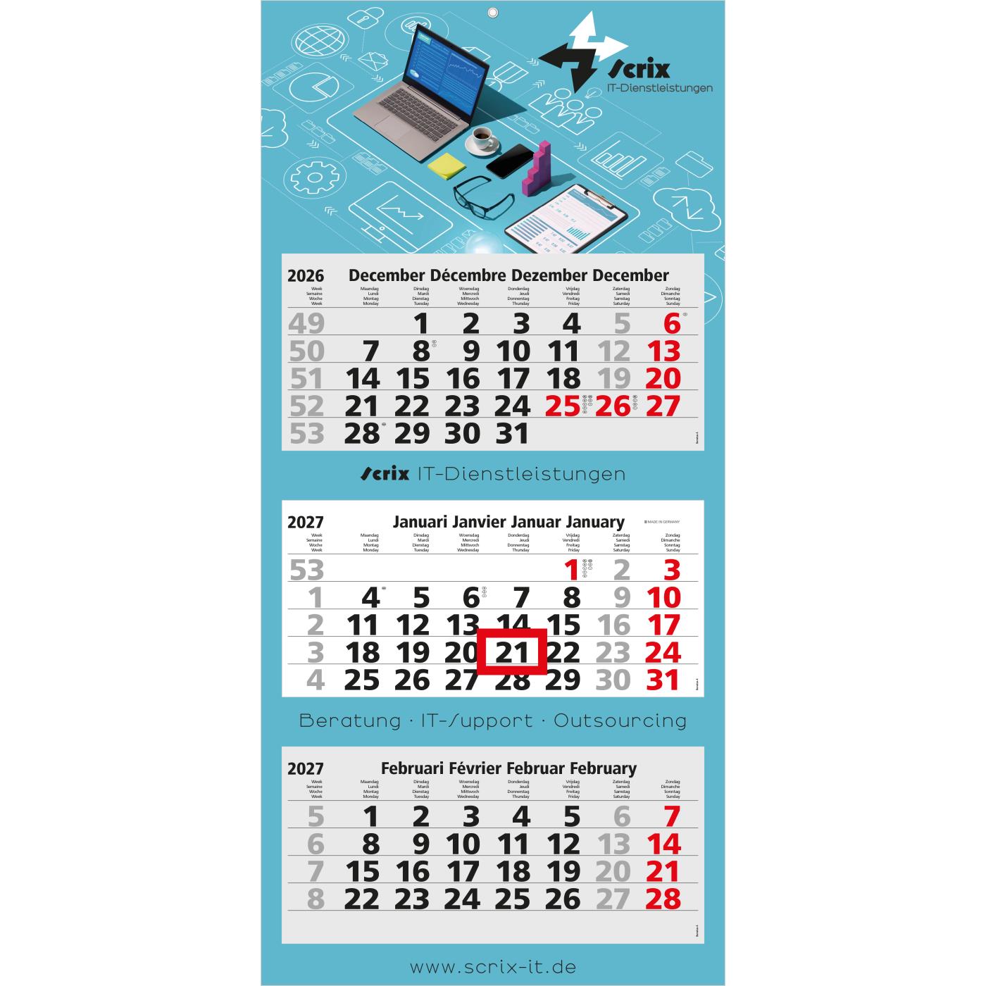 3-Monatskalender Mehrblock Maxi Light 3 mehrsprachig