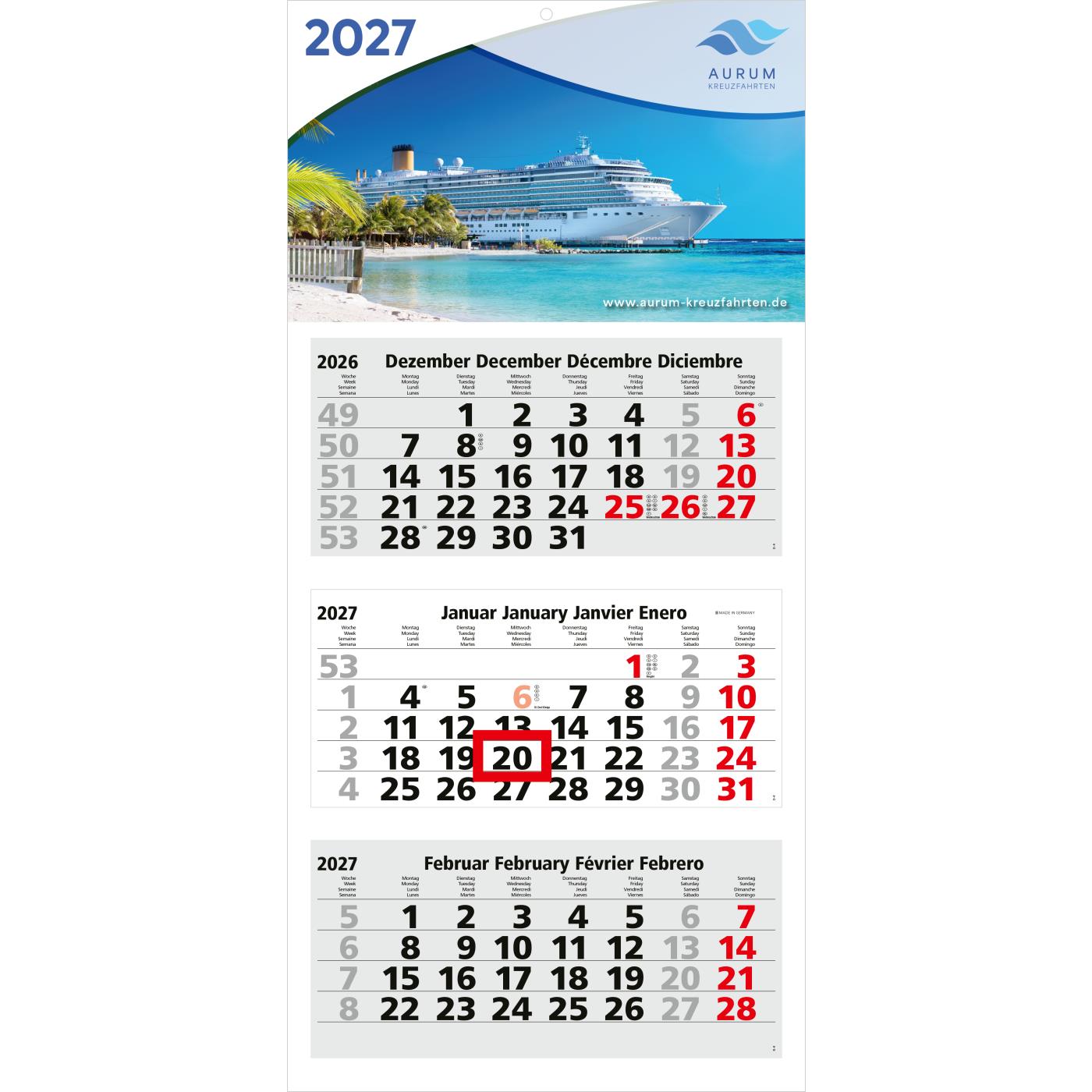 3-Monatskalender Mehrblock Medium Light 3 Werbung am Kopf