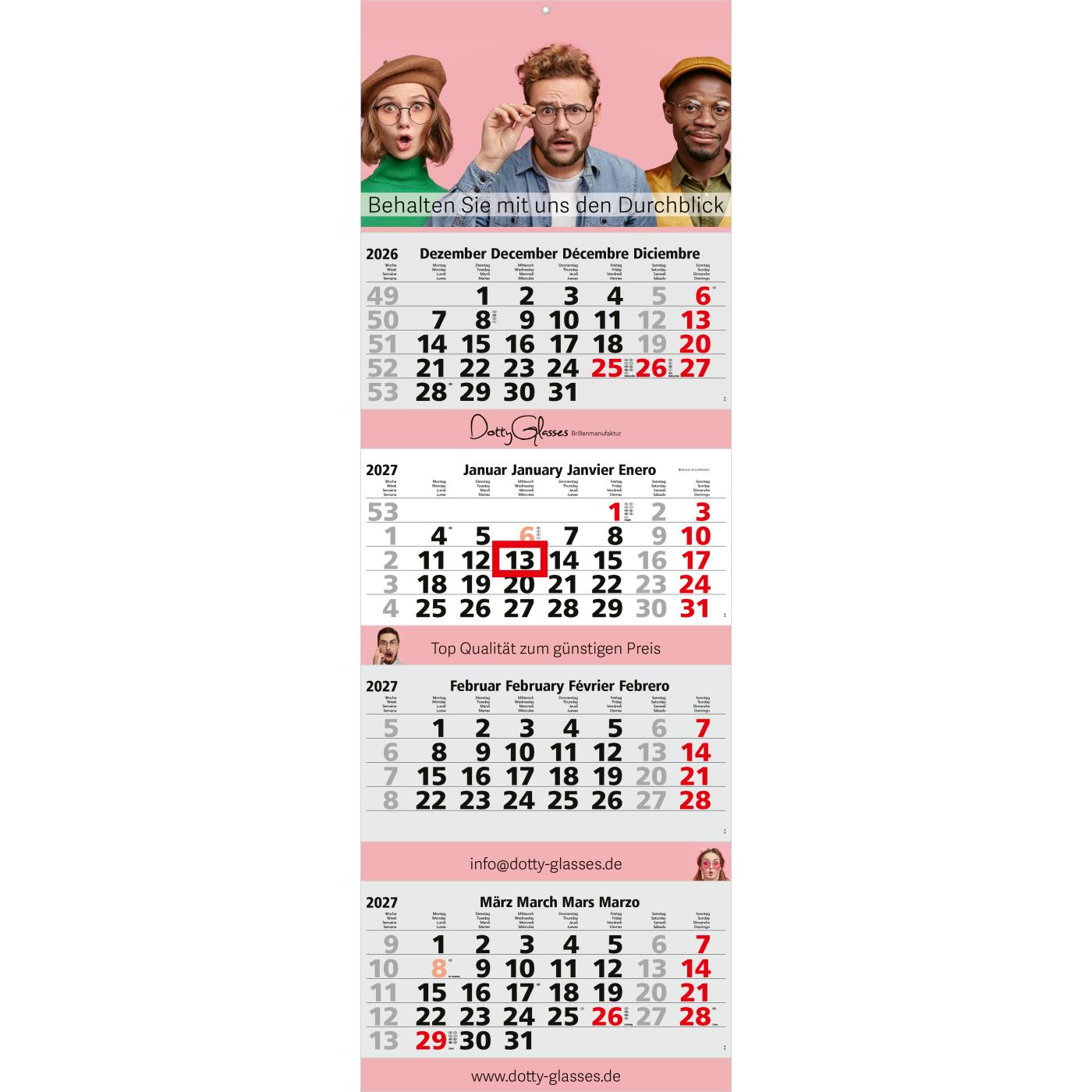 4-Monatskalender Mehrblock Quadro 4 Post Extra-Breite 335 mm