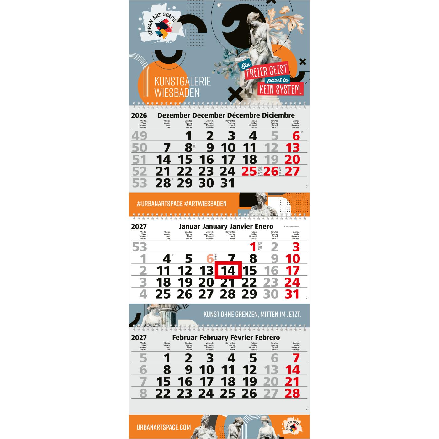 3-Monatskalender Mehrblock Maxi Wire-O 3 Wire-O-Bindung