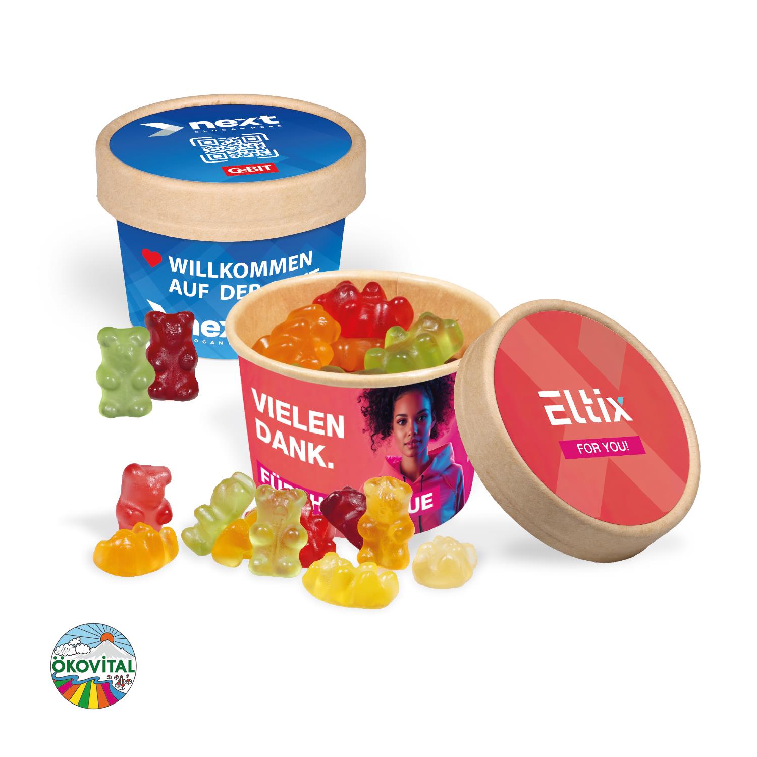 Werbe-Fruchtgummi Paperbox mit Einleger und Banderole Ökovital
