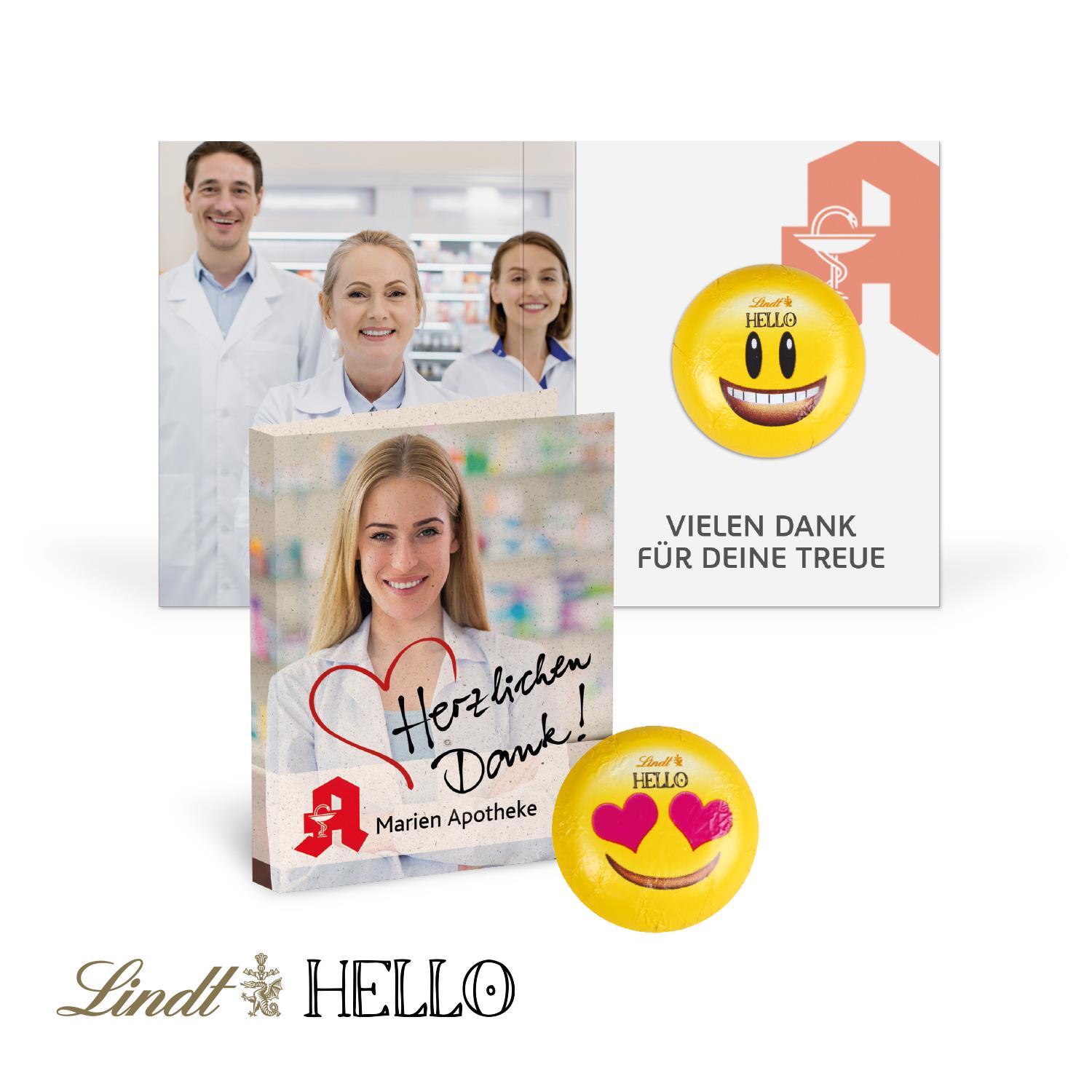 Werbe-Klappkarte mit Lindt ´HELLO´ Mini Emoti Lindt HELLO