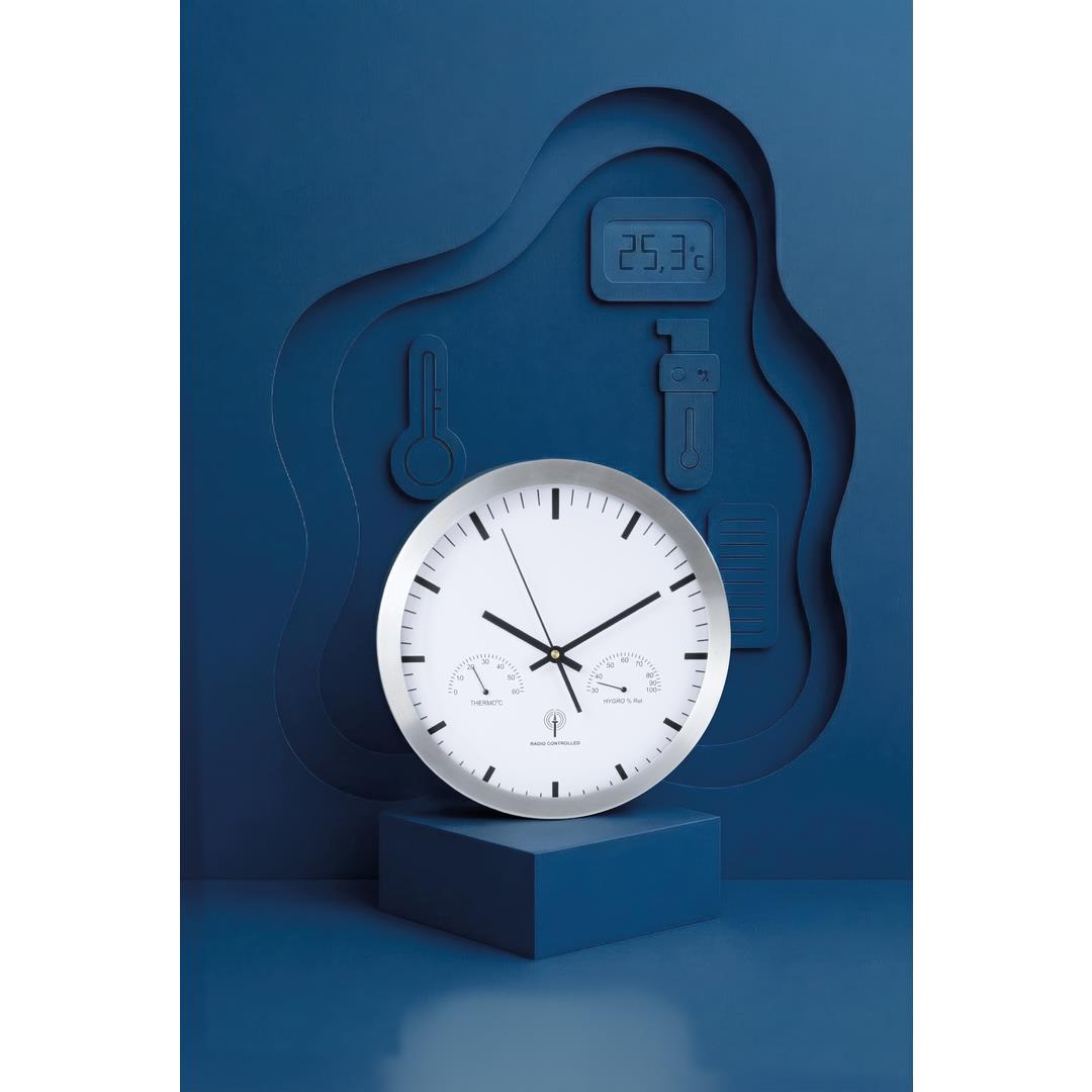 Große Funkwanduhr 30 cm aus Alu mit automatischer Zeiteinstellung, Thermometer und Hygrometer