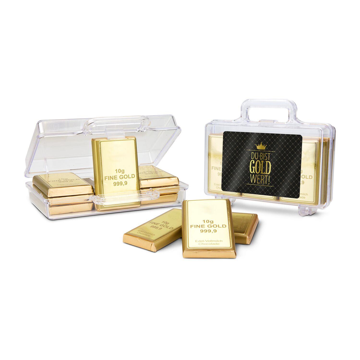 Geschenkartikel: Du bist Gold wert - Goldkoffer mit 12 Schokoladen Goldbarren (120 g)