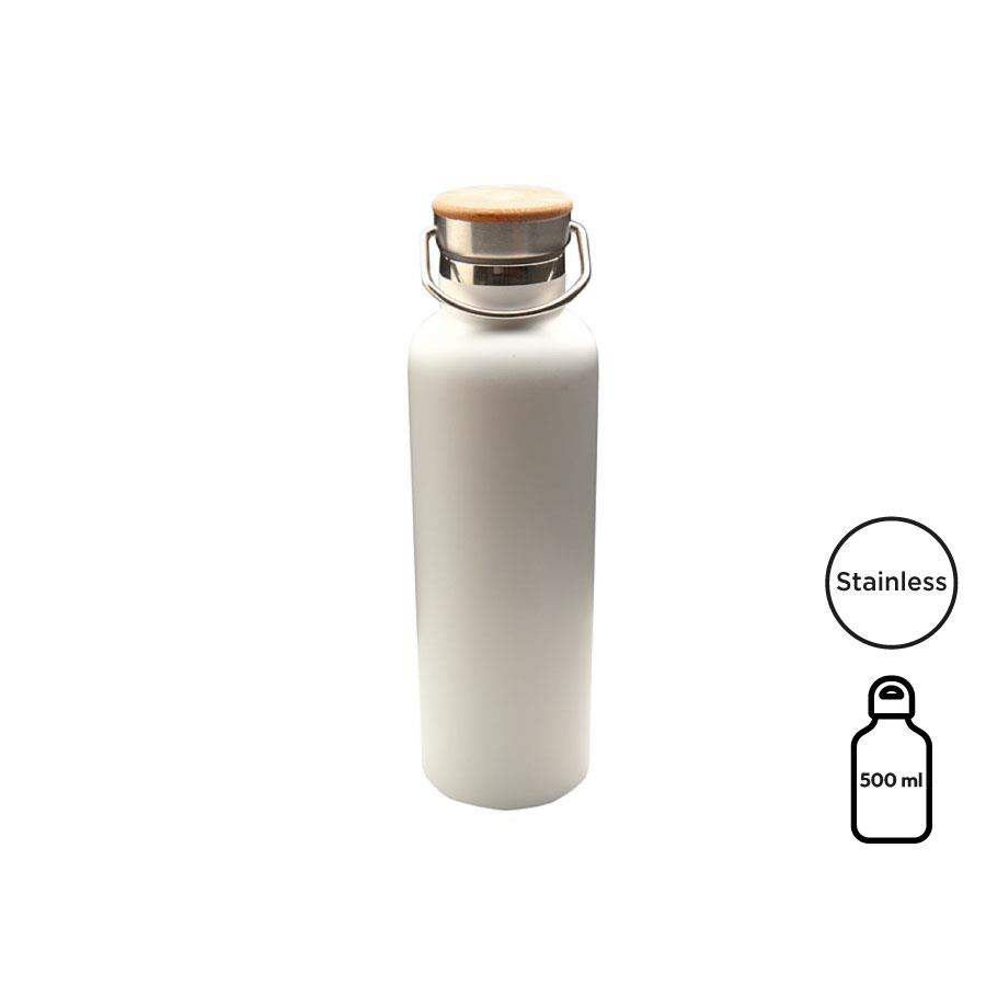 Doppelwandige Flasche  Arima , weiß, Bambusdeckel, 500ml