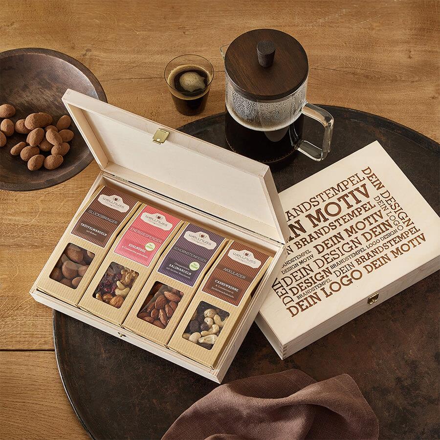 4 Premium Snacks in der Birkenholzbox