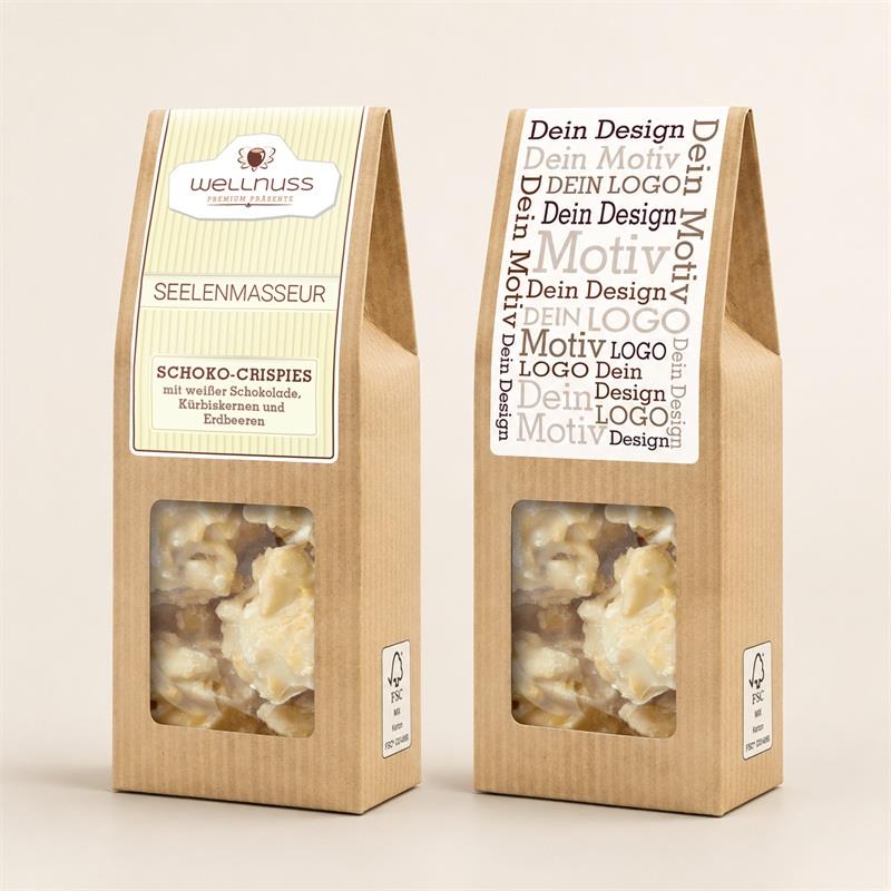Faltschachtel - Seelenmasseur - Schoko-Crispies mit weißer Schokolade, Kürbiskernen und Erdbeere
