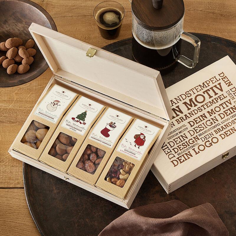 4 Premium Snacks in der Birkenholzbox - Weihnachts-Edition