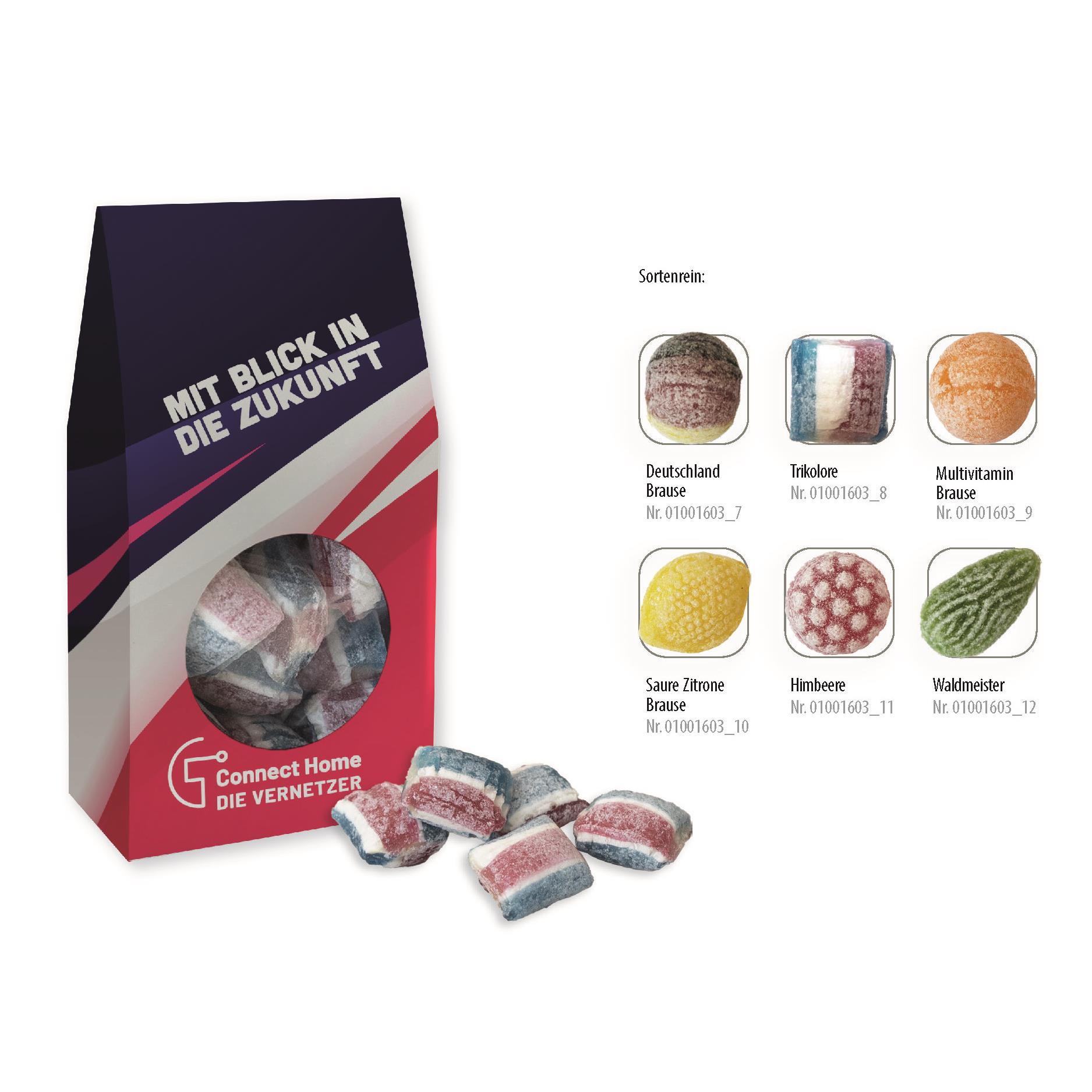 Beutelschachtel mit Bonbons,   60 g, Inhalt: Multivitamin Brause