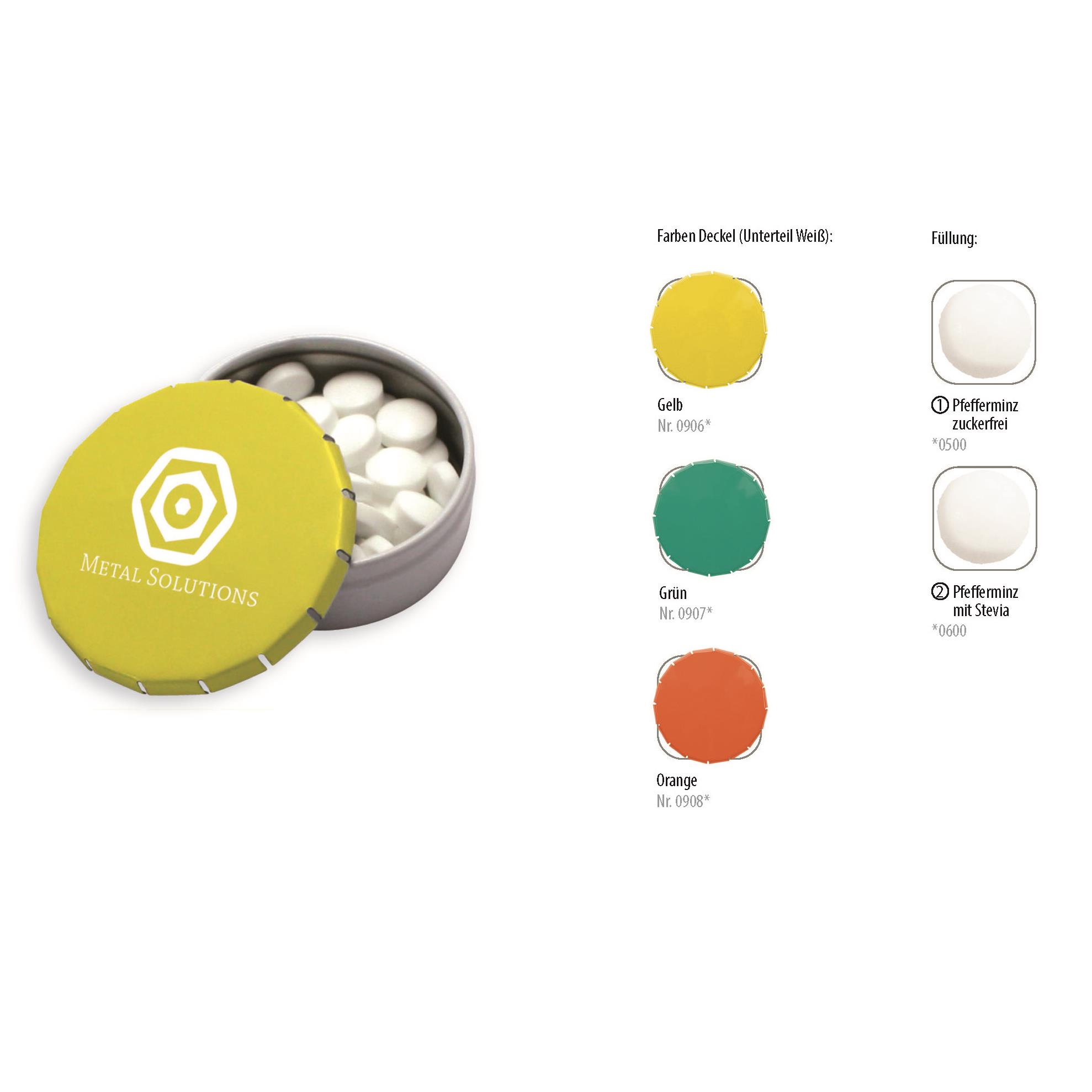 Klick-Dose-45 Duo Colour, orange / weiß 12 g, Inhalt: Pfefferminz-Pastillen; zuckerfrei