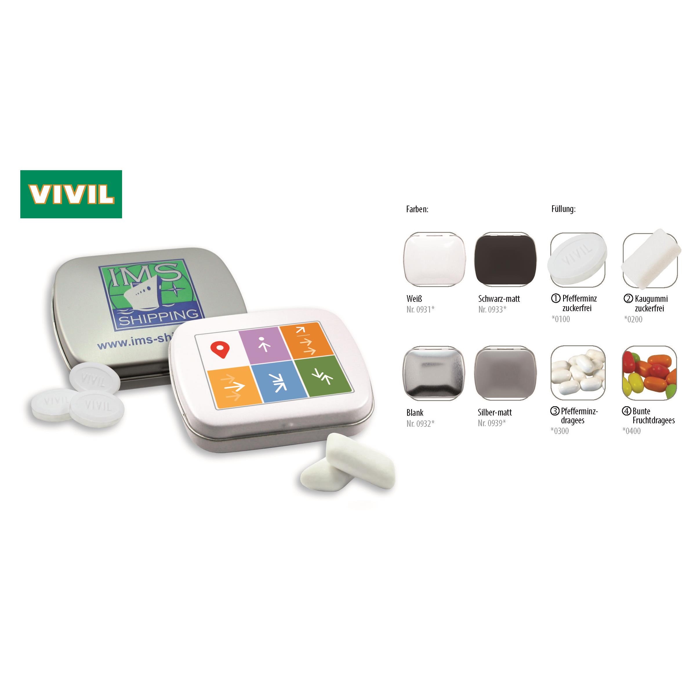 Klapp-Dose-59, weiß 20 g, Inhalt: Kaugummidragees zuckerfrei (Dose)