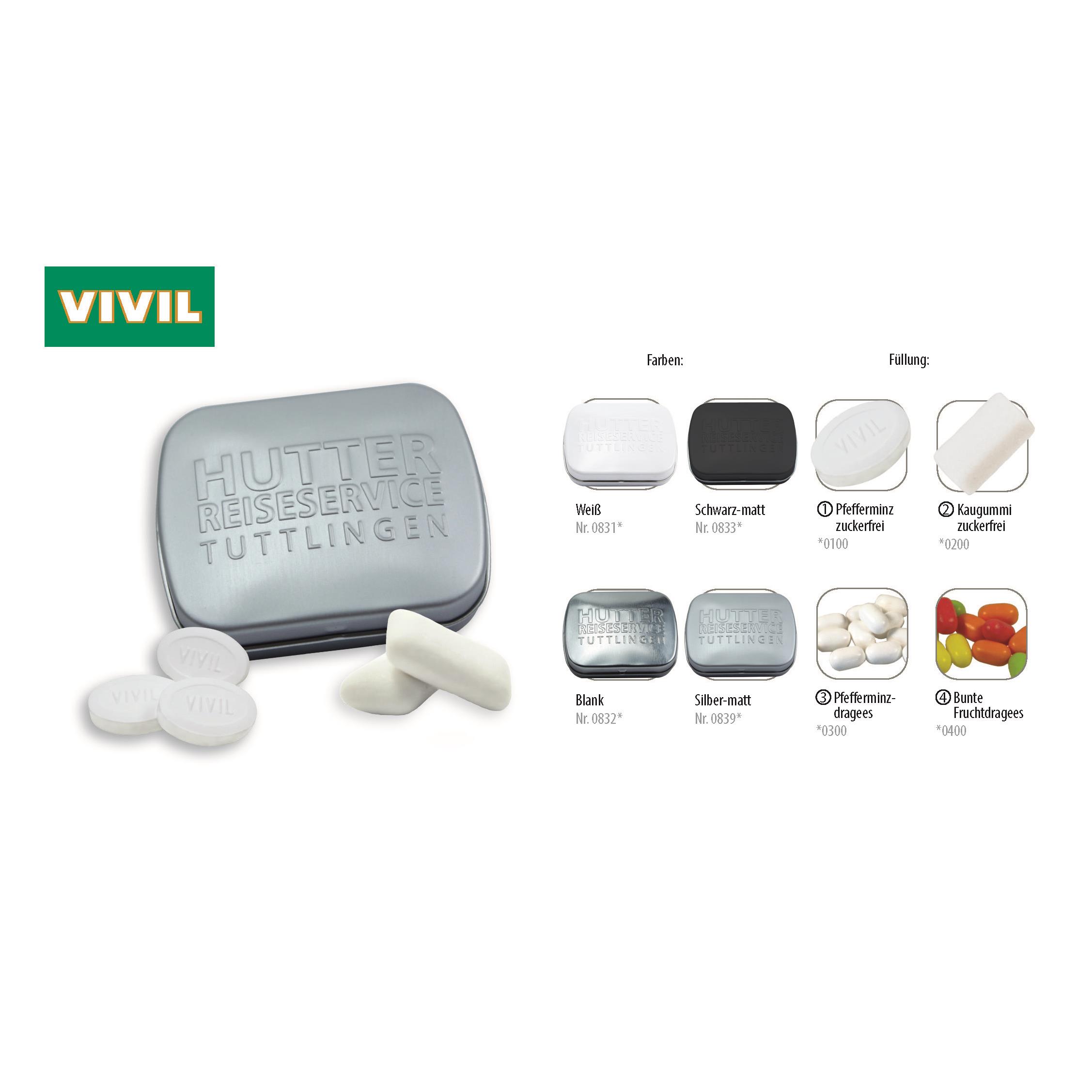 Klapp-Dose-59 geprägt, schwarz-matt 20 g, Inhalt: Pfefferminzdragees (Dose)