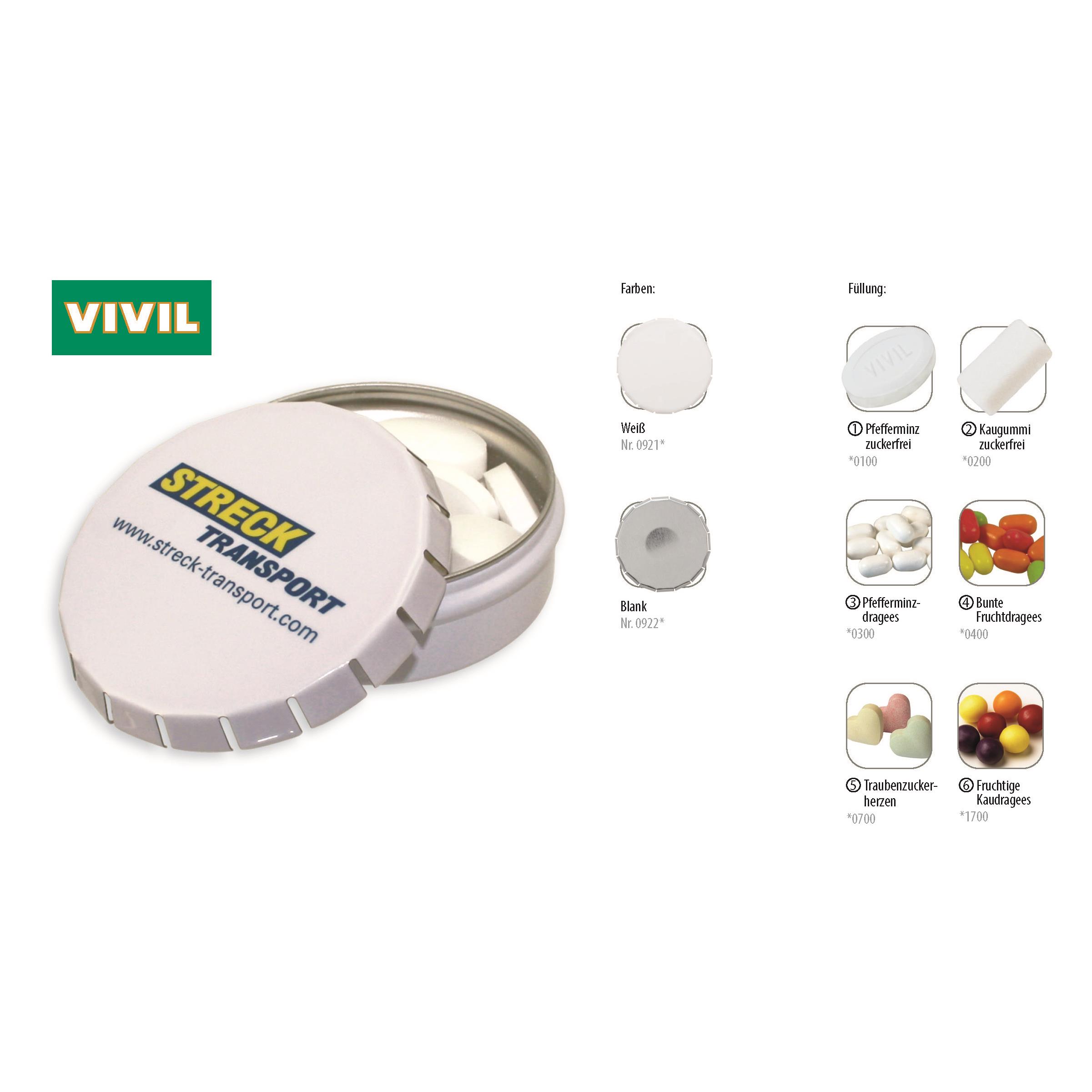 Klick-Dose-75, blank 45 g, Inhalt: Pfefferminzdragees (Dose)