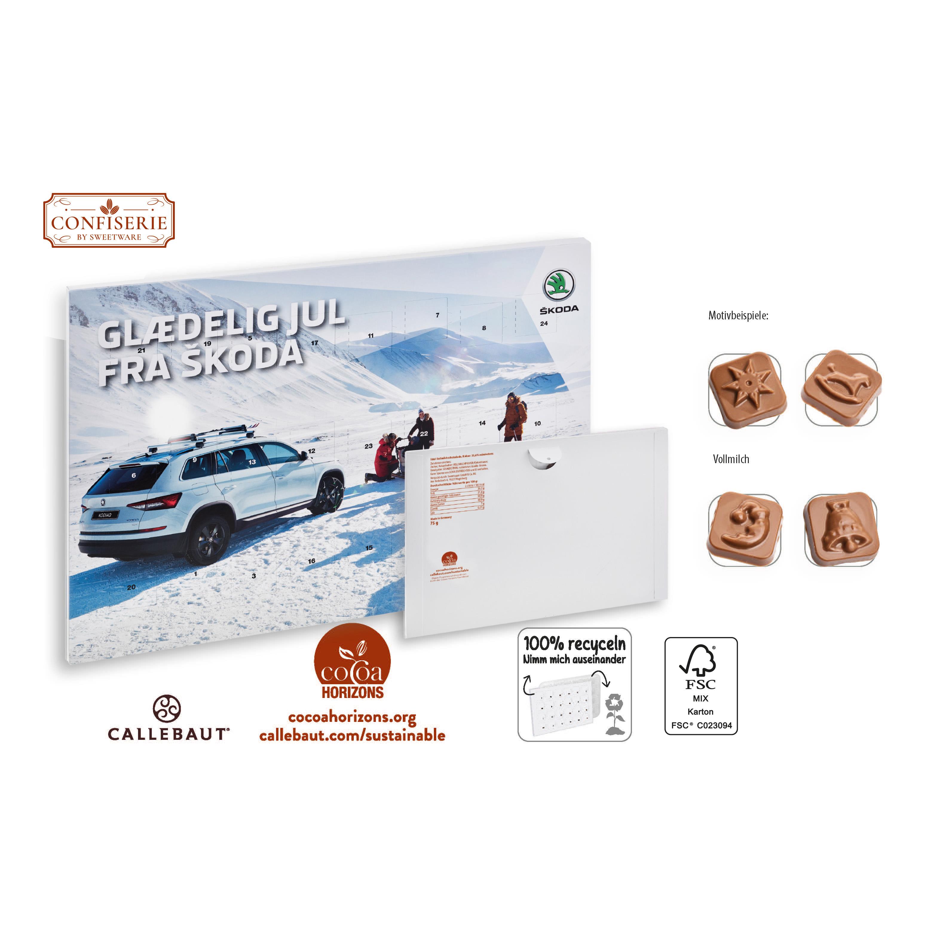 Wand Adventskalender individuell bedruckt,   75 g, Inhalt: Callebaut Vollmilch Schokolade Kalender