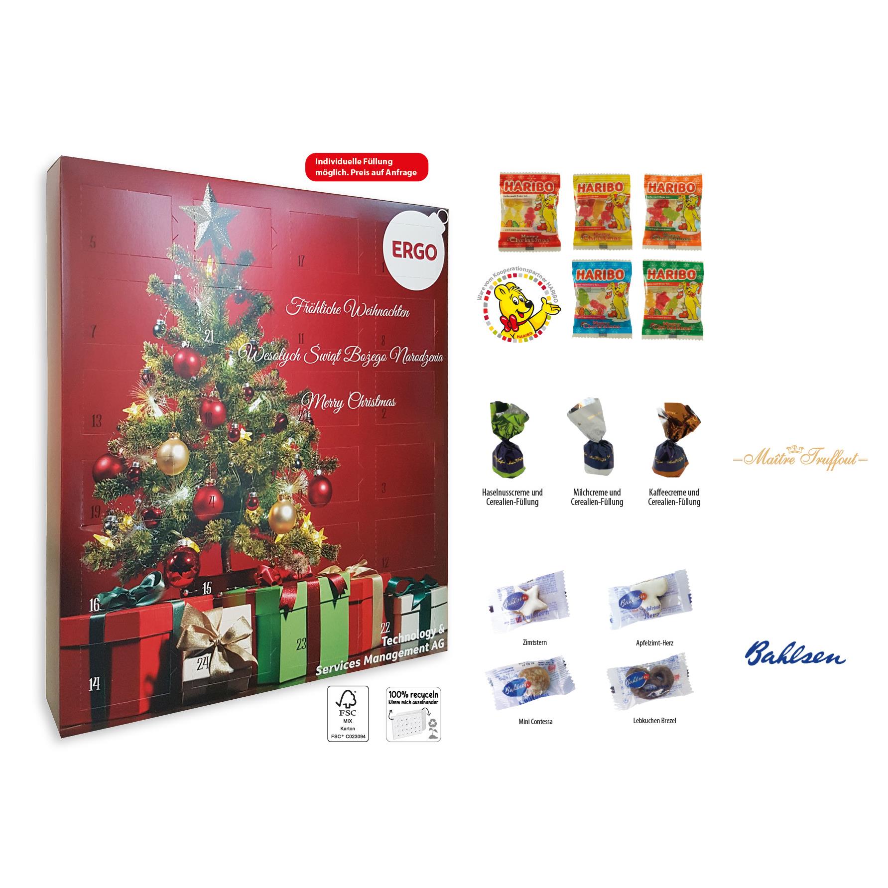 XXL Adventskalender,   24 Stück, Inhalt: Pralinen Milchschokolade Mix mit Cerealien-Füllung