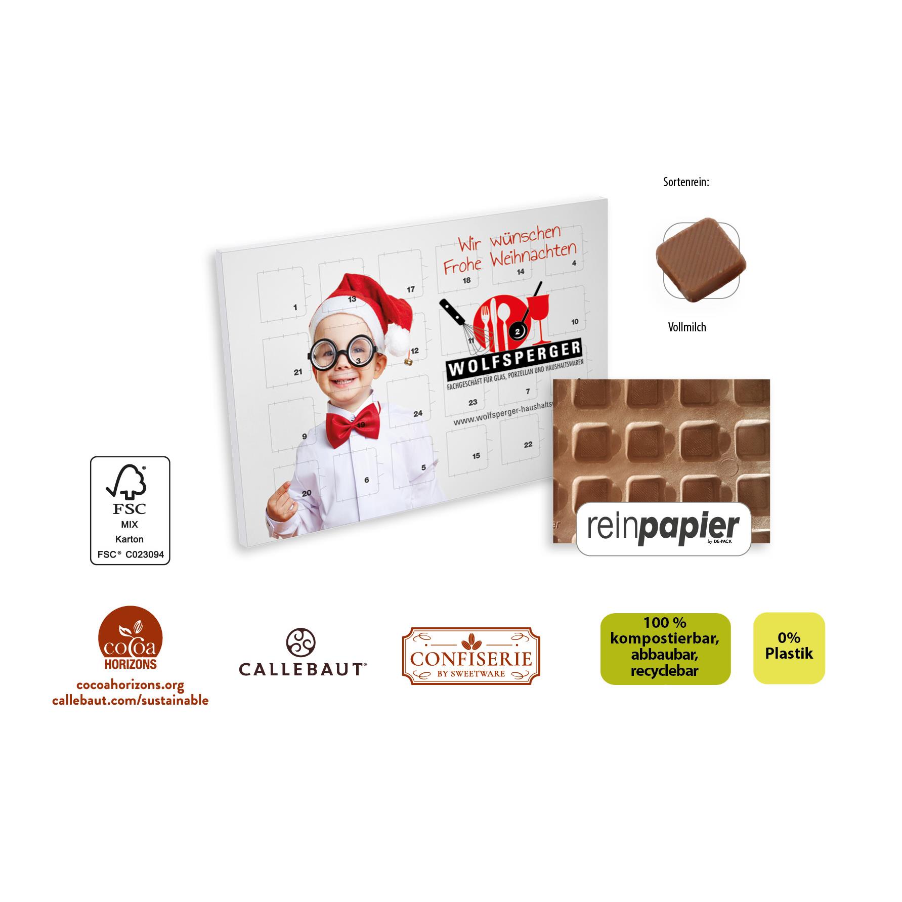 Tisch Adventskalender aus Reinpapier individuell bedruckt,   48 g, Inhalt: Callebaut Vollmilch Schokolade Kalender