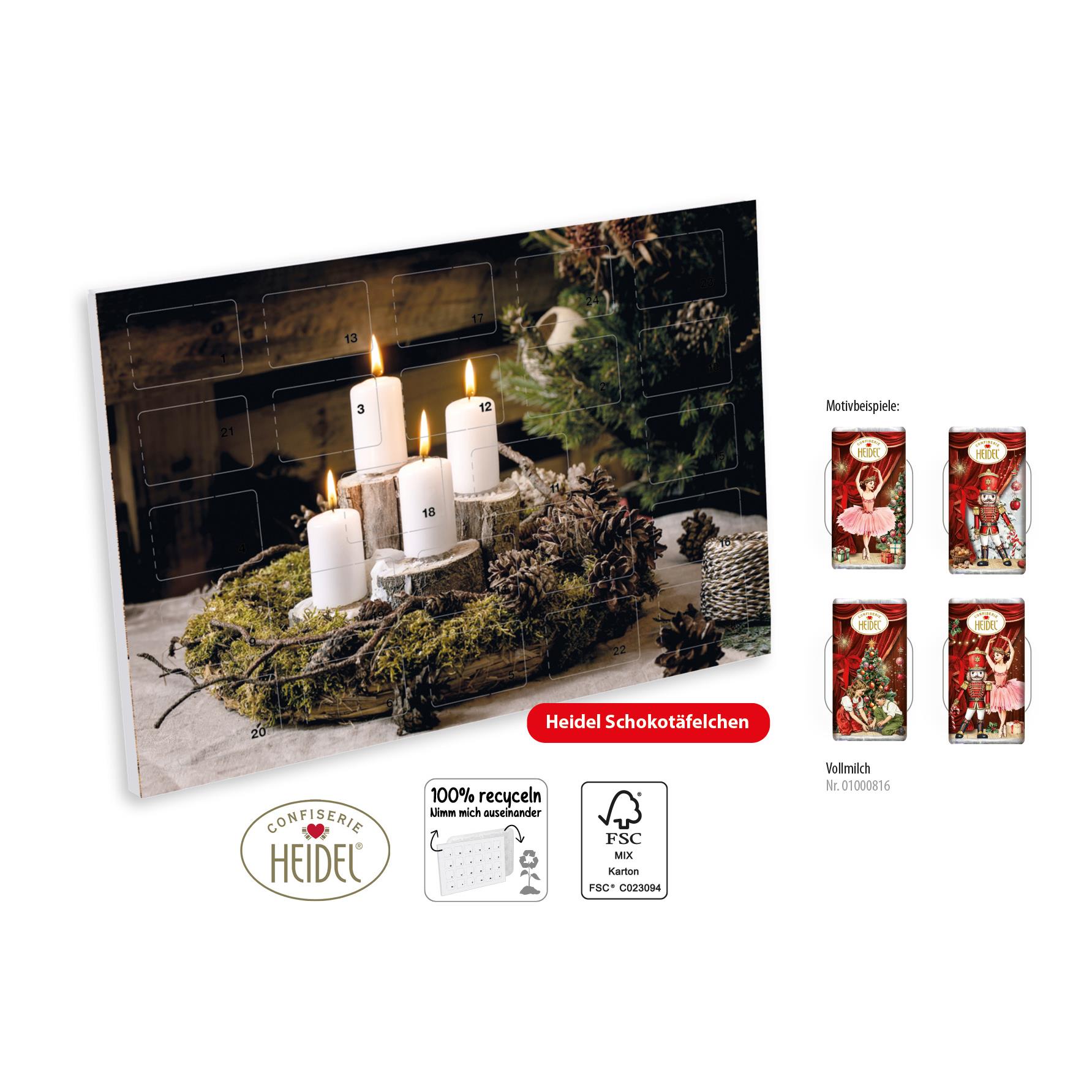 Wand Adventskalender HEIDEL Schokotäfelchen individuell bedruckt,   72 g, Inhalt: Heidel Schokoladentäfelchen