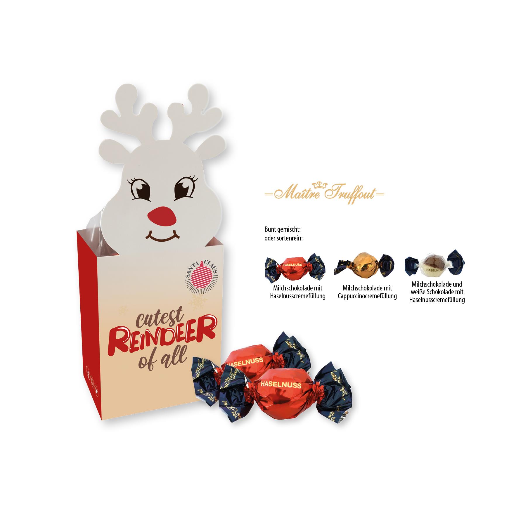 Weihnachtspralinés in Motivkartonage ´Rentier´,   5 Stück, Inhalt: Pralinen Milchschokolade mit Cappuccinocremefüllung