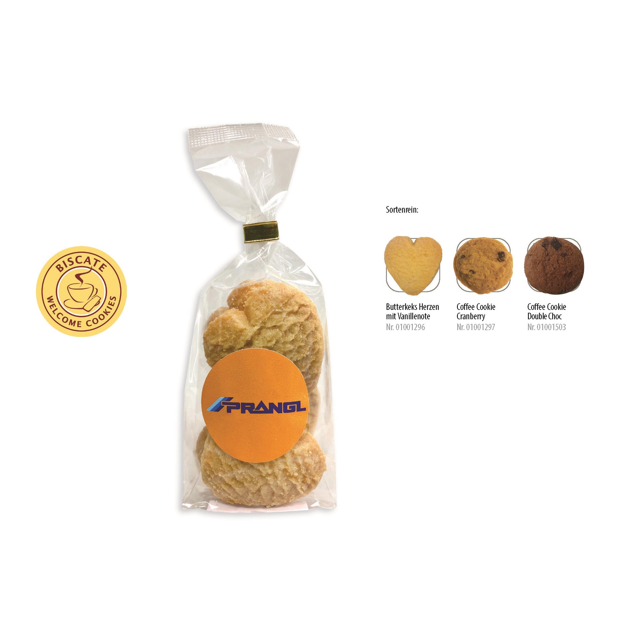 Cookies Bodenstandbeutel mit Werbeaufkleber,   5 Stück, Inhalt: Coffee Cookie Double Choc