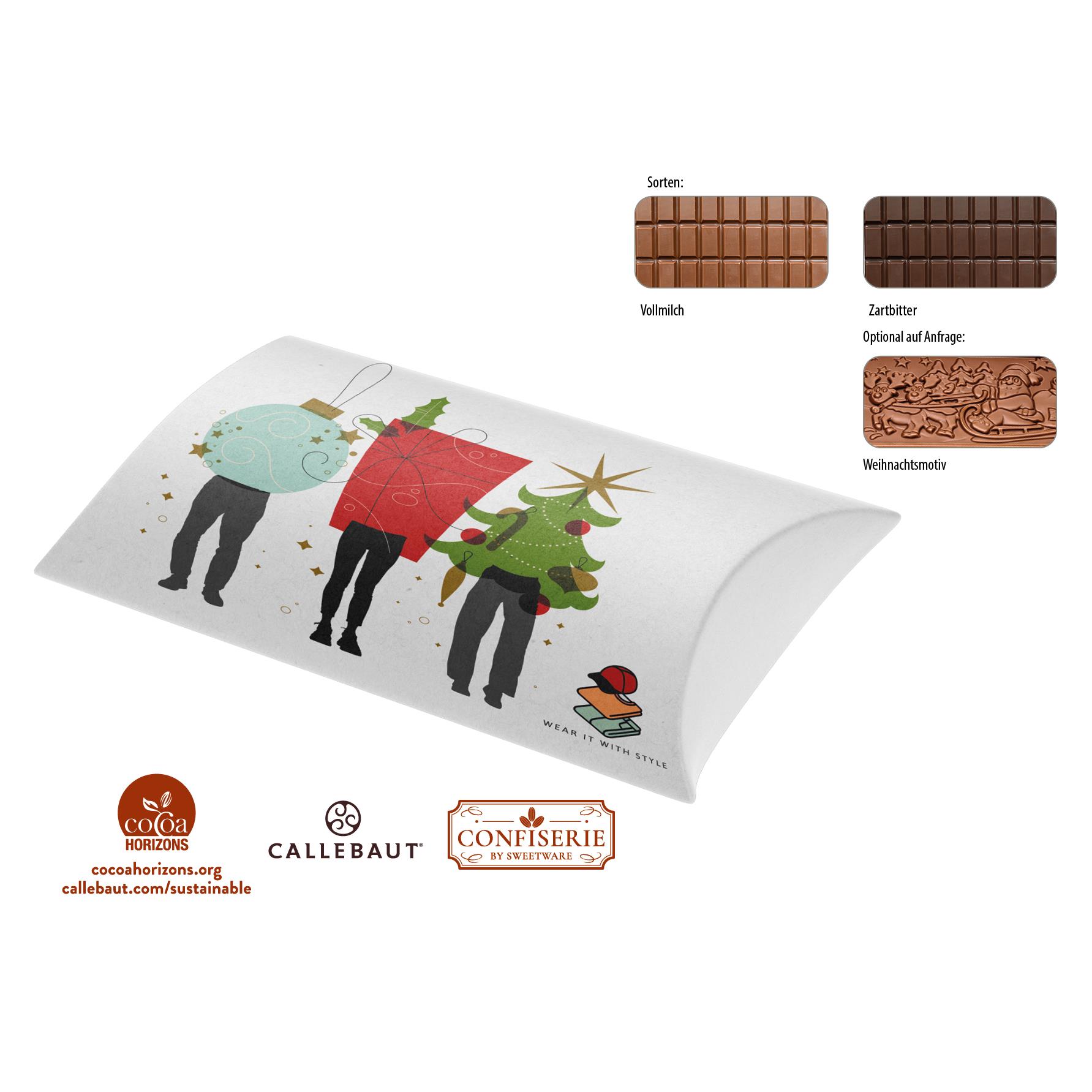 Schokolade 100 g Tafel in Kissenschachtel,   1 Stück, Inhalt: Callebaut Vollmilch Schokolade Kalender