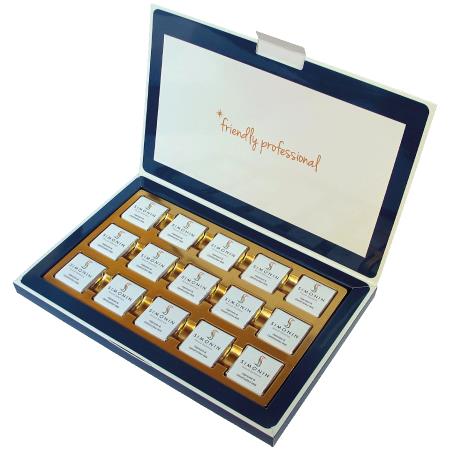 Geschenkbox befüllt mit 15 x 5 Gramm Schokoladennapolitans aus feinster Belgischen Barry Callebaut Milchschokolade