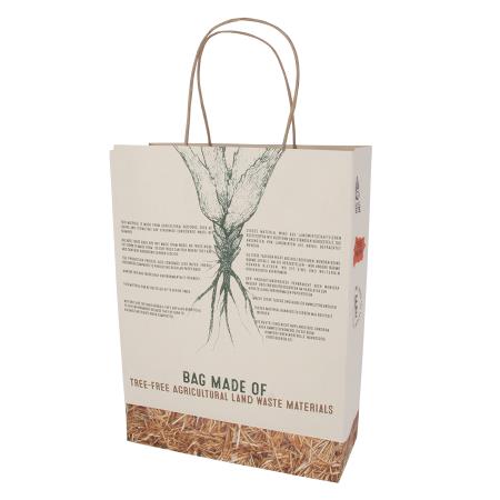 Tasche aus 50% baumfreies Papier 130 gsm, hergestellt aus landwirtschaftlichen Reststoffen 310x120x410 mm.