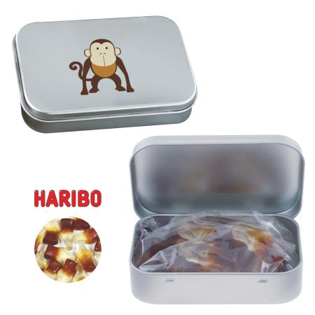 Blechdose mit Scharnier mit ca. 60 gr. Haribo Colafläschchen