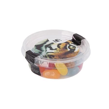 Transparenter biologisch abbaubarer Becher mit separatem Deckerl, Füllung 40 gr. Schokocarletties und Jelly Beans
