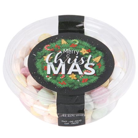 Transparenter biologisch abbaubarer Becher mit separatem Deckel, Füllung 40 gr. Minties, Fruchtbällchen und Fruchtherzchen