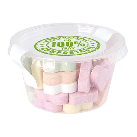 Transparenter biologisch abbaubarer Becher mit separatem Deckerl, Füllung 60 gr. DutchDex Dextrose Minties, Fruchtpastillen und Fruchtherzen