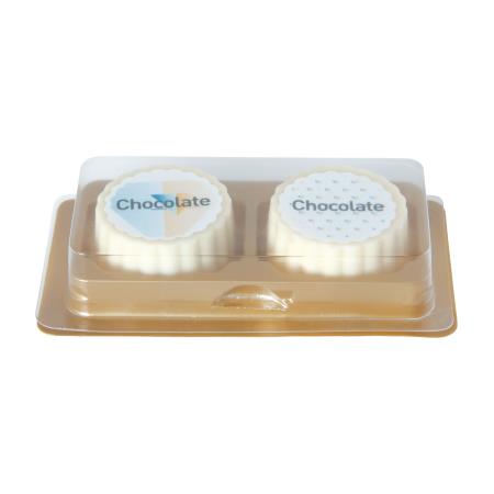 Logo-Praline aus weißer Schokolade mit Haselnuss Praliné Füllung, rechteckig oder rund, bis 4-c-bedruckt, 2er Verpackung