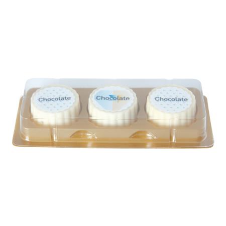 Logo-Praline aus weißer Schokolade mit Haselnuss Praliné Füllung, rechteckig oder rund, bis 4-c-bedruckt, 3er Verpackung