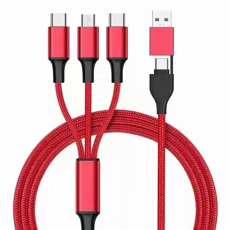 5in1 Ladekabel Nylon mit USB-A und TYP-C Kombistecker für Micro, TYP-C und Lightning 120cm Rot