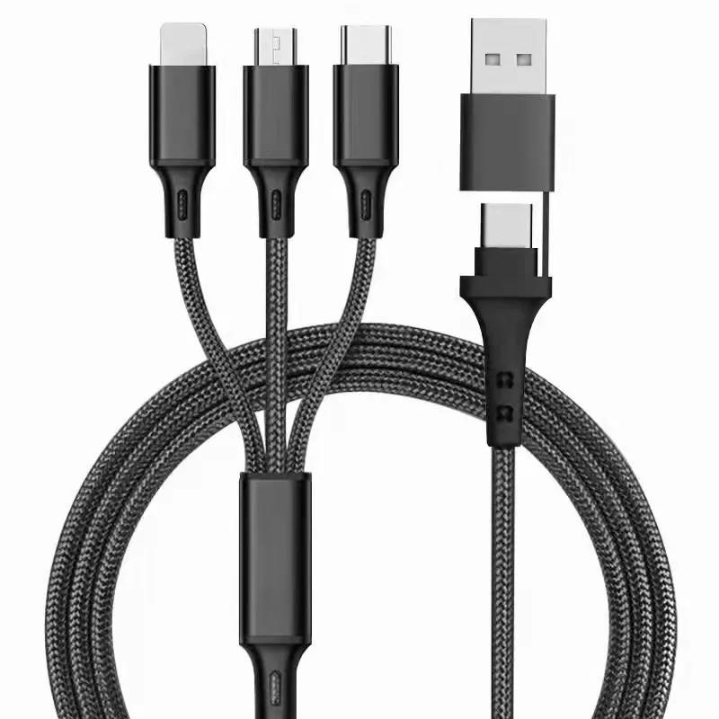 5in1 Ladekabel Nylon mit USB-A und TYP-C Kombistecker für Micro, TYP-C und Lightning 120cm Schwarz