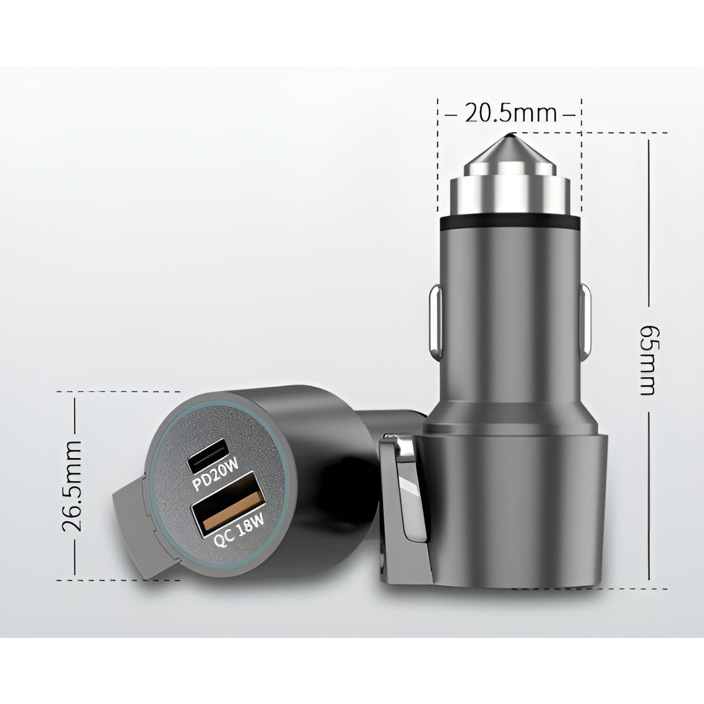 USB Car Charger mit integriertem Gurtschneider und Notfallhammer Anthrazit