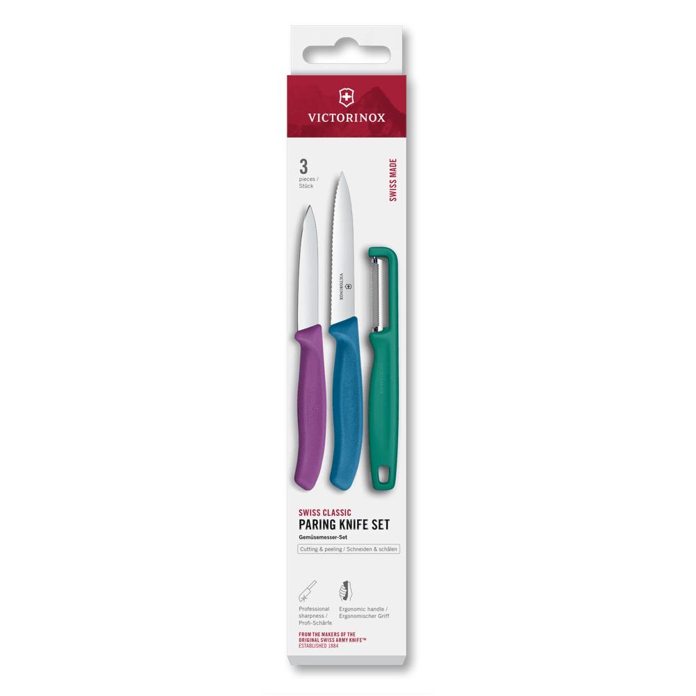 Swiss Classic, Gemüsemesser mit I-Schäler, 3tlg,grn/violett/blu