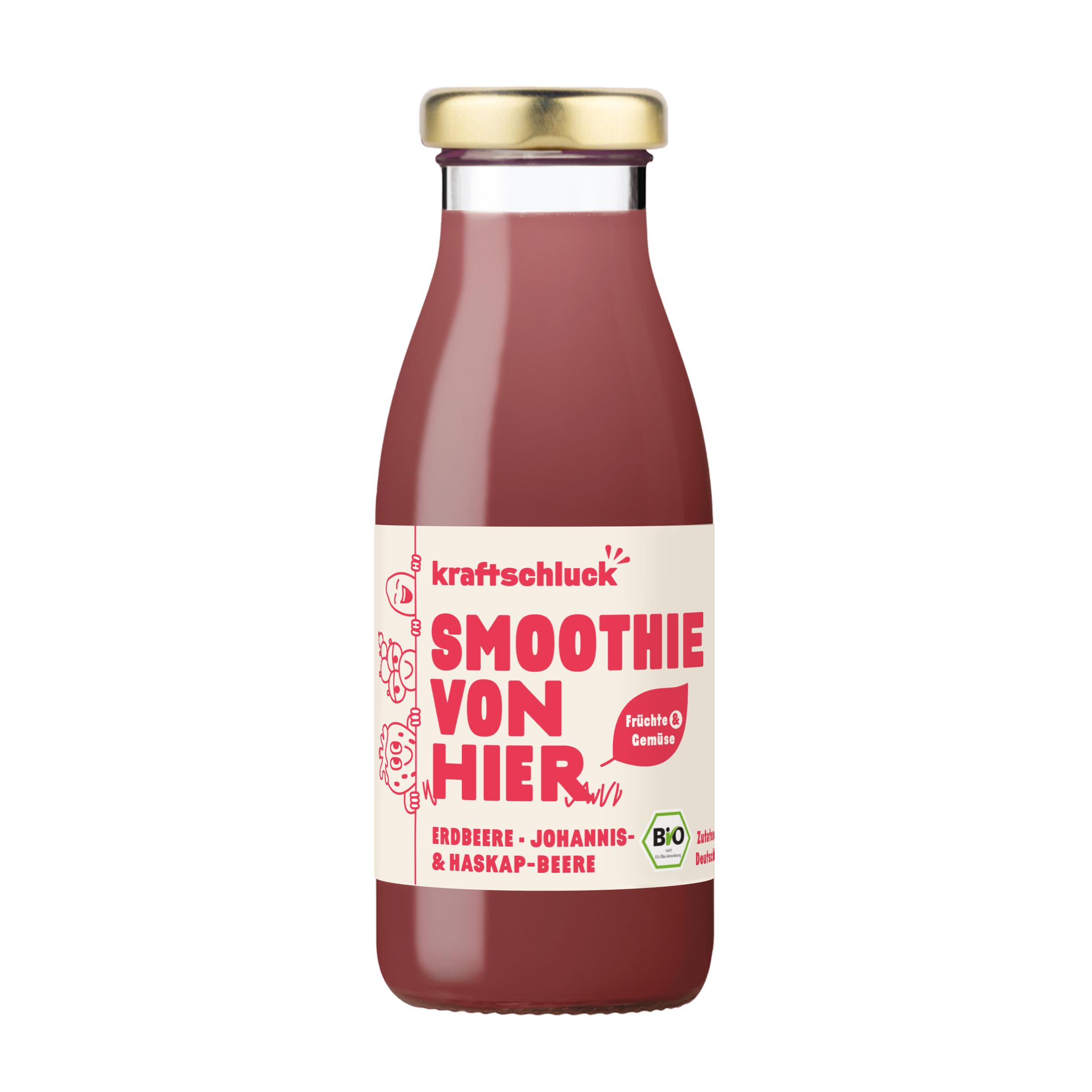 kraftschluck, roter Smoothie, ERDBEERE, JOHANNIS- & HASKAPBEERE, bio, mit Banderole